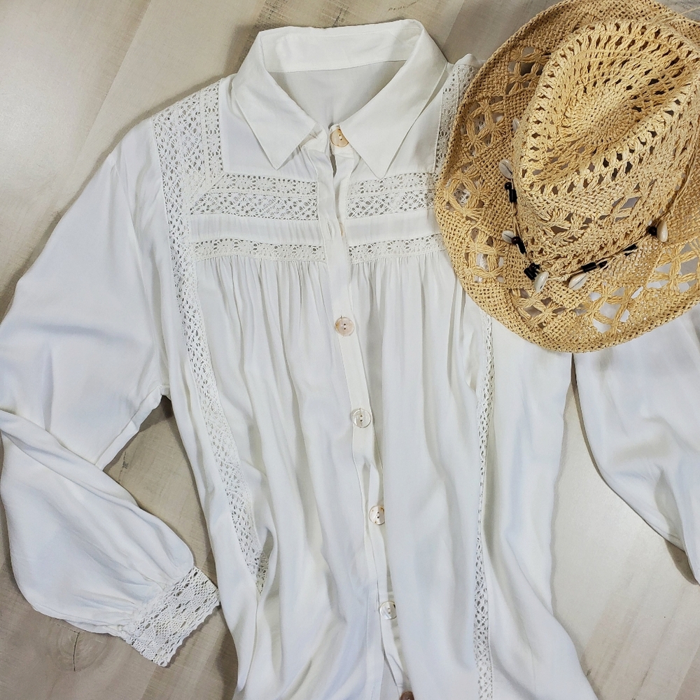 New Boho Crochet Embroidered Lace Button Up Top Dress Beach Cover Up White